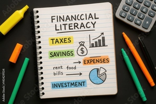 Fototapeta Financial Literacy Diagram: An organized notebook page with the words "Financial Literacy" boldly displayed, surrounded by concise diagrams representing various financial concepts.