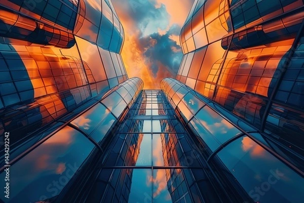 Fototapeta Skyscraper reflections showcasing architecture against a vibrant sunset sky