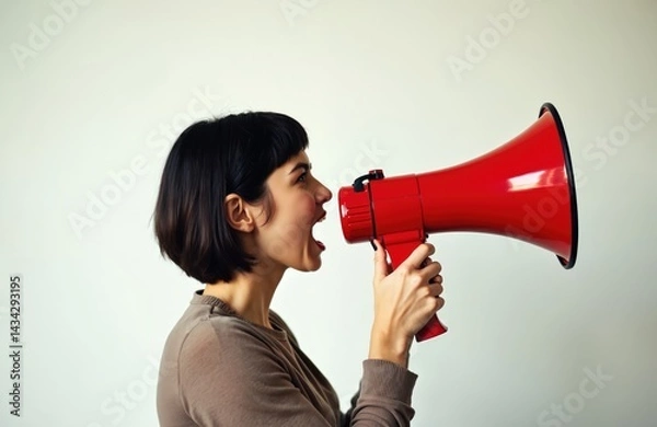 Fototapeta Woman shouting into red megaphone. Brunette girl with open mouth says announcement, message. Business, communication, announcement concept. Isolated white background. Promotion, marketing,