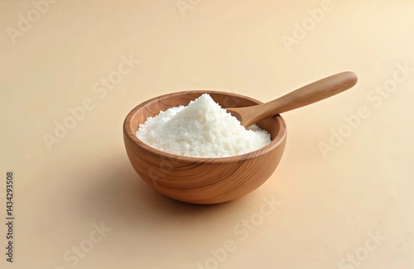 Fototapeta Isomalt powder in wooden bowl with spoon. Sweetener food additive E963, a sugar substitute disaccharide alcohol. Confectionery ingredient. Low-calorie alternative, used in bakery, confectionery.