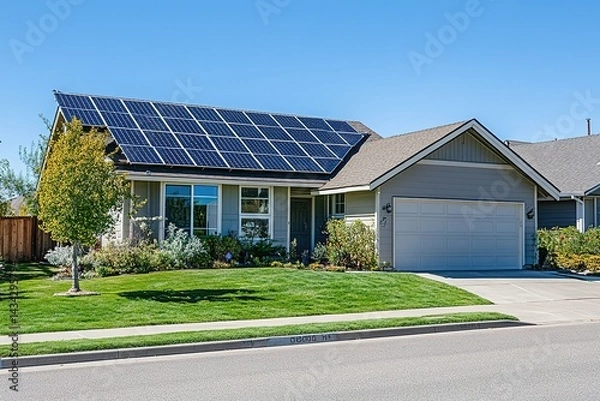 Fototapeta A solar-powered home with panels reflecting sunlight, installed on a quiet suburban street