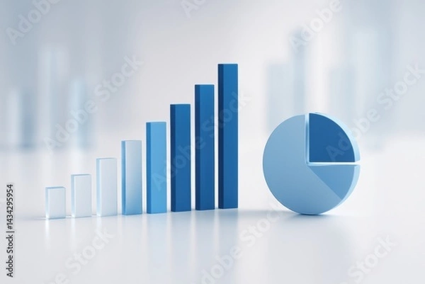 Fototapeta Blue Growth Chart: A visually compelling abstract image of a blue bar chart and a pie chart, representing growth and data analysis. The image is stylized and can represent concepts of success.
