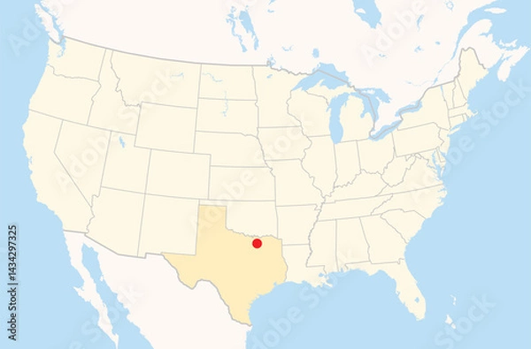 Fototapeta Location Map of the city McKinney in Texas, USA. The state is marked orange and the city is highlighted with a red dot. No labels at all.