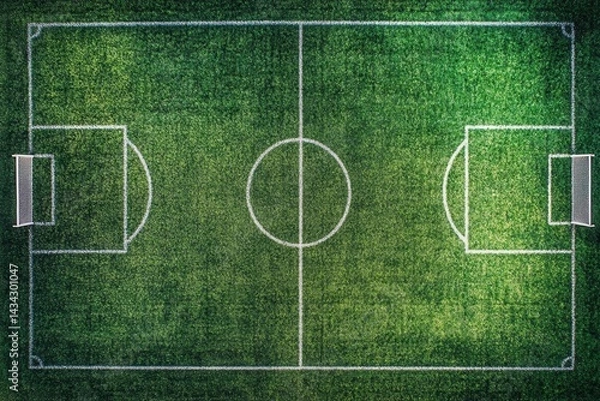 Fototapeta An aerial view of an empty green soccer field with white lines and goals