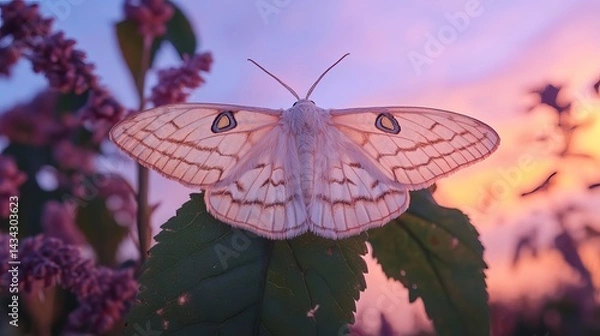 Fototapeta A stunning white moth with unique patterns perched on a green leaf at sunset, with soft purple and pink hues in the background.