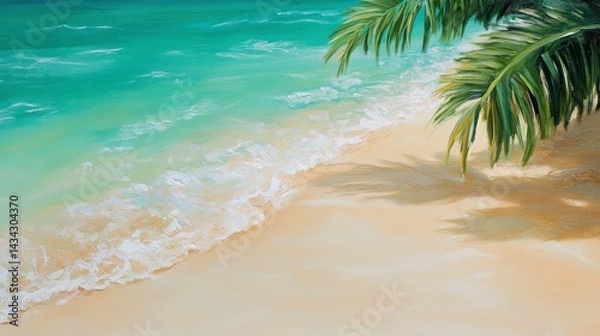 Obraz Serene beach scene with turquoise water lapping gently on sandy shore, palm tree leaves casting shadow.