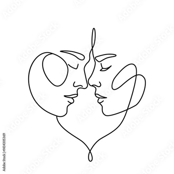 Fototapeta silhouette of contour of man and woman who are in love. faces of guy and girl continuous line drawing. flat vector illustration isolated on white background