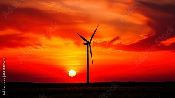 Obraz Wind turbine silhouetted against a vibrant red sunset over a field.