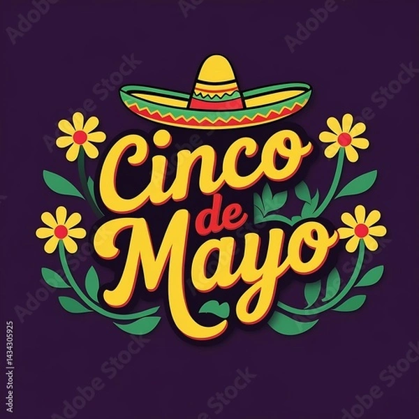Fototapeta Colorful Cinco de Mayo Art: Yellow Text with a Festive Sombrero and Bright Flowers on a Purple Background