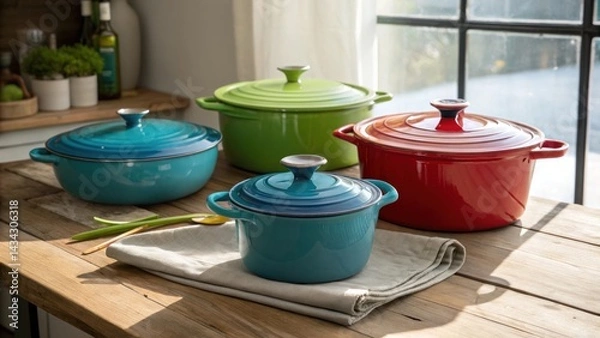 Fototapeta Colorful enamel cookware on rustic wooden table by window display