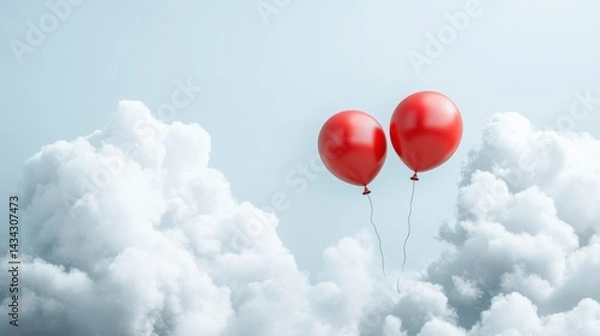Obraz Two red balloons float amidst fluffy white clouds against a light blue sky.