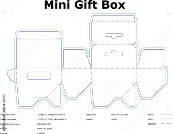 Fototapeta Mini Gift Box Die Cut Template Diagram Blueprint With Dimensions And Material Indication
