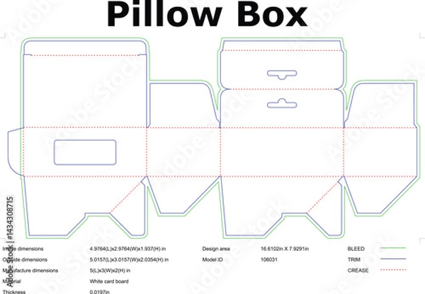 Fototapeta Pillow Box Die Cut Template Layout For Packaging Design With Dimensions