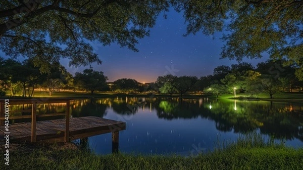 Obraz Tranquil night scene of a lake reflecting lights and stars under a twilight sky, with a wooden dock.