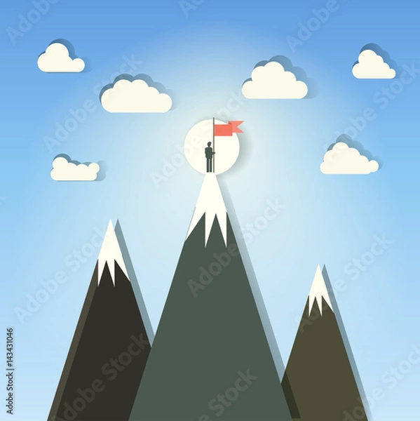 Fototapeta winner on mountain with flag vector illustration