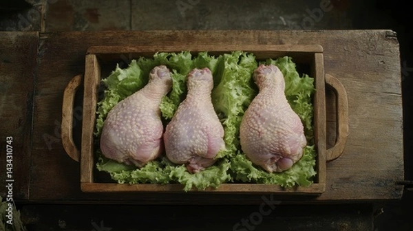 Obraz Three raw chicken legs nestled in lettuce on a rustic wooden tray.
