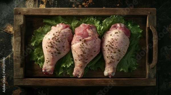 Obraz Three raw chicken drumsticks seasoned with herbs, arranged on lettuce in a rustic wooden tray.