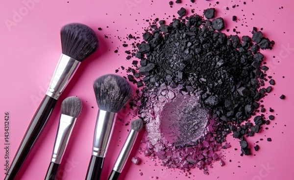 Obraz Beauty make up cosmetic women products accessories in line row on pink flat lay background, cheap discount commercial retail sale offer online purchase, top view above copy space, makeup wide banner