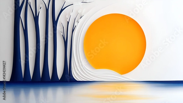 Obraz Vivid paper craft artwork featuring a large sun and abstract trees in serene blue and yellow tones
