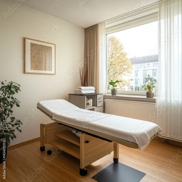 Fototapeta Bright and Serene Spa Room Interior: Treatment Bed with Clean White Sheet, Natural Light, and Relaxing Decor in a Calm and Inviting Environment