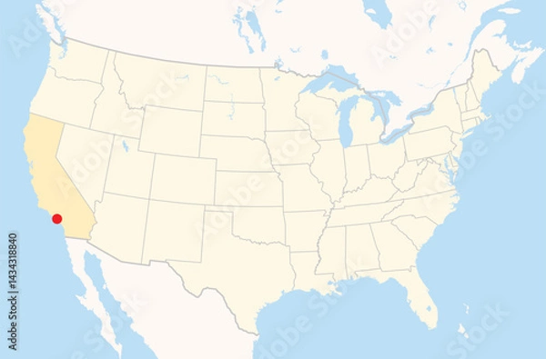 Fototapeta Location Map of the city Gardena in California, USA. The state is marked orange and the city is highlighted with a red dot. No labels at all.