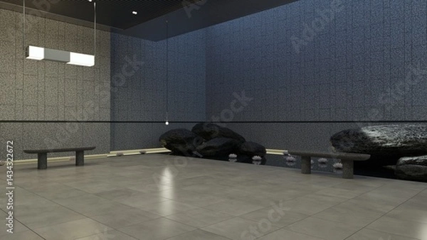 Obraz Photorealistic 3D illustration of a minimalist meditation room with dark textured walls, stone benches, and zen garden featuring large rocks and lotus flowers. Modern interior with clean tile flooring