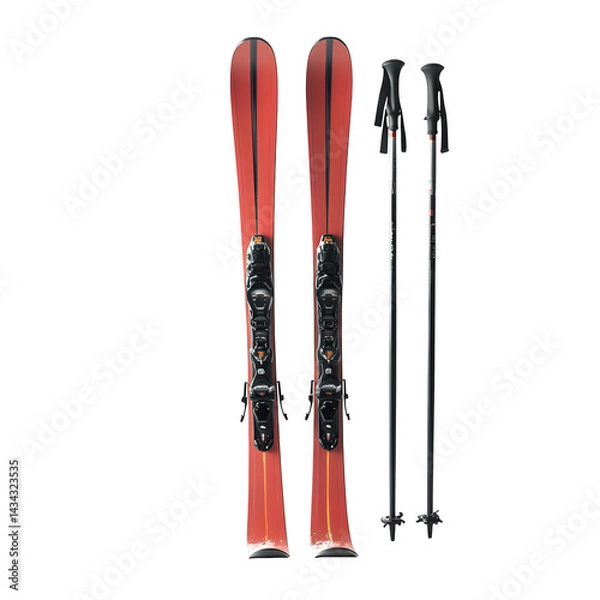 Fototapeta A front-facing pair of skis with poles leaning beside them, isolated on a white background.
