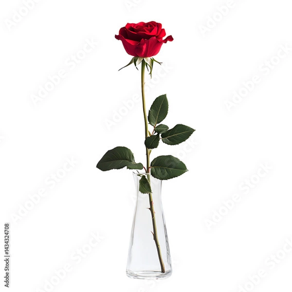 Fototapeta A single red rose in a clear vase, isolated on a white background.