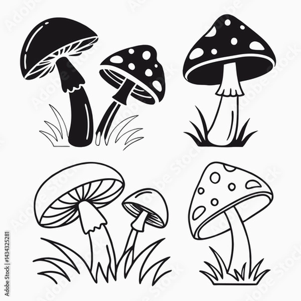Fototapeta Collection of Four Black and White Mushroom Illustrations