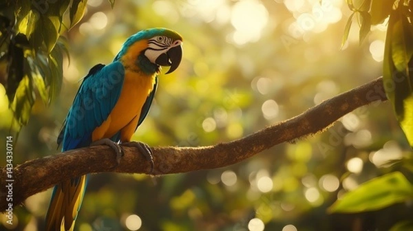 Fototapeta A colorful blue and yellow macaw sits on a branch, surrounded by lush green foliage and warm sunlight.