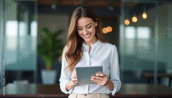 Obraz Smiling Young Businesswoman Using Digital Tablet in Office