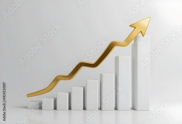 Fototapeta ]A rising bar chart with golden arrow, symbolizing business growth, on pure white background, professional 3D style