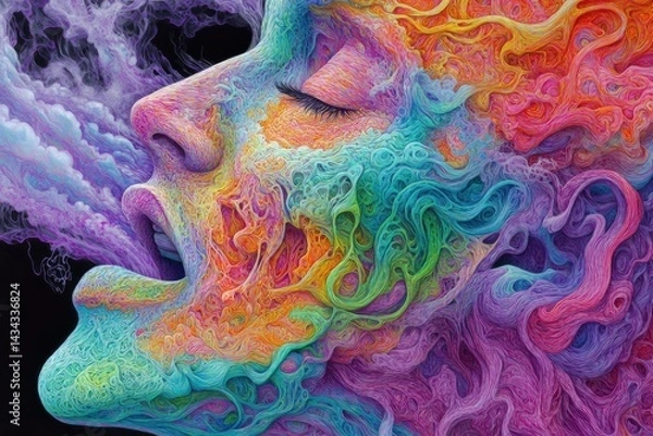 Fototapeta Dreamlike face surrounded by swirling rainbow hues and vaporous smoke
