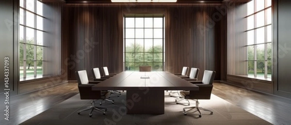 Fototapeta A modern conference room with a large table, ergonomic chairs, and large windows offering a view of greenery outside.