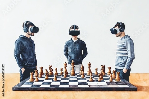 Fototapeta Three individuals wearing VR headsets engage in a chess game, blending technology and strategy in a modern, immersive environment.