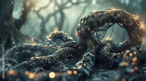 Fototapeta A mystical, intricately designed octopus with glowing elements in a dark, enchanted forest setting.