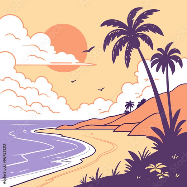 Fototapeta Sunset Beach Landscape with Palm Trees and Ocean View Illustration

