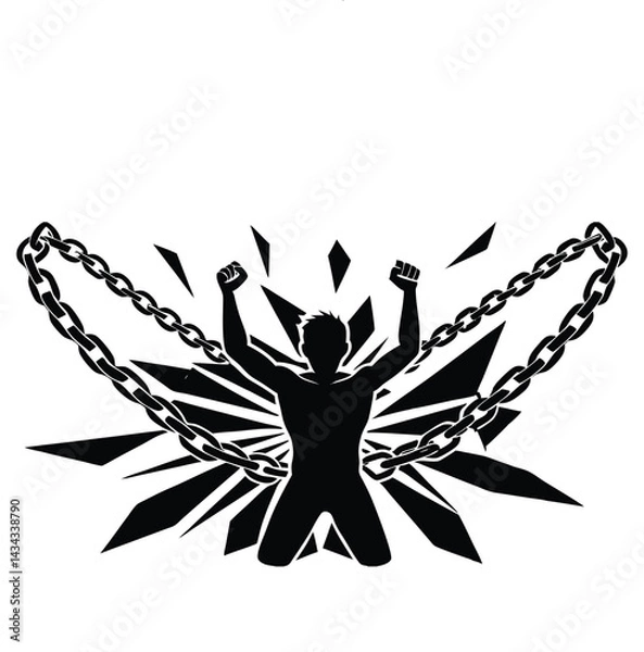 Fototapeta Breaking Free: A silhouette of a person kneels, raising their arms in a powerful gesture of liberation as they break free from restrictive chains. Evoking themes of resilience, transformation.