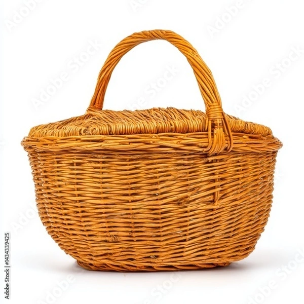 Obraz Wicker rustic basket with handle isolated on a white background.
