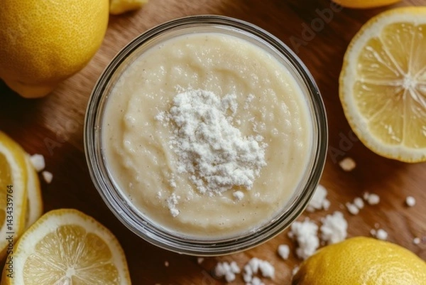 Fototapeta A glass bowl with a baking soda face mask sits on a wooden surface accompanied by sprinkled baking soda and lemons Instant remedy for blemished skin
