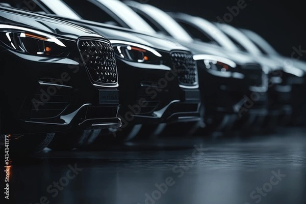 Fototapeta A lineup of nondescript black sedans on a dark wet surface post rain