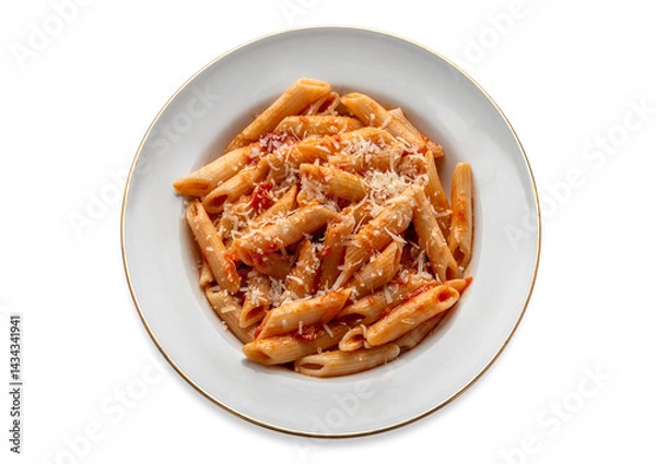 Fototapeta Penne macaroni pasta with tomato sauce and with grated parmesan cheese, penne all'arrabbiata in white plate with golden edge isolated