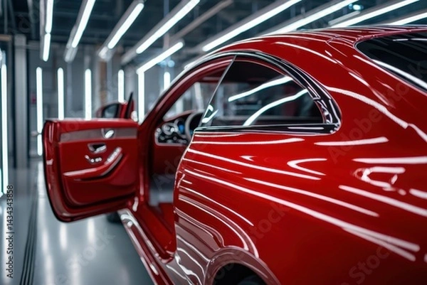 Fototapeta A premium red vehicle in a body shop stripped of its doors for a new paint job High resolution image