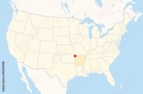 Fototapeta Location Map of the city Bentonville in Arkansas, USA. The state is marked orange and the city is highlighted with a red dot. No labels at all.