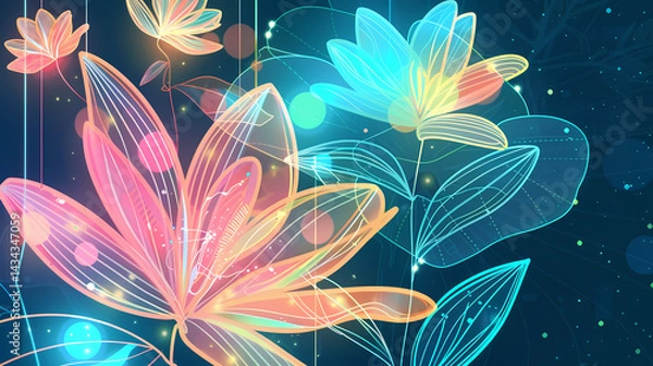 Fototapeta Abstract glowing flowers in neon outline drawing, pink, blue, and orange on dark blue background, fantasy nature and technology backdrop  