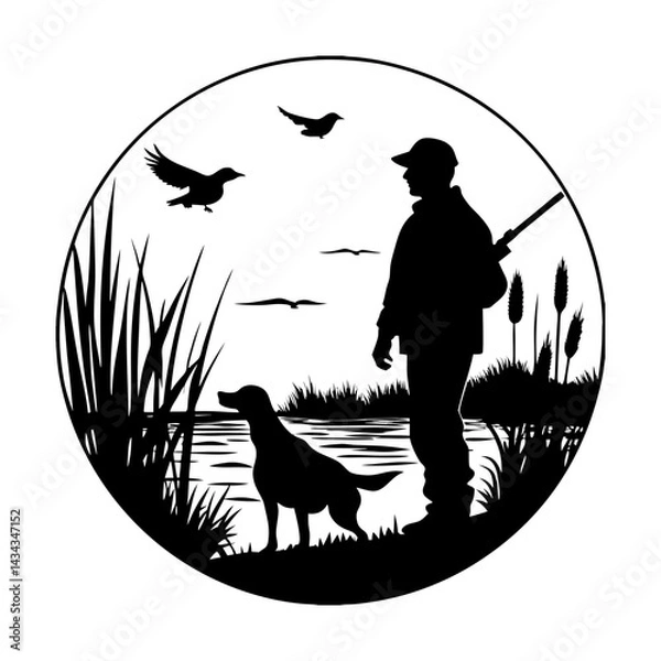 Obraz Hunter and dog in nature silhouette vector illustration
