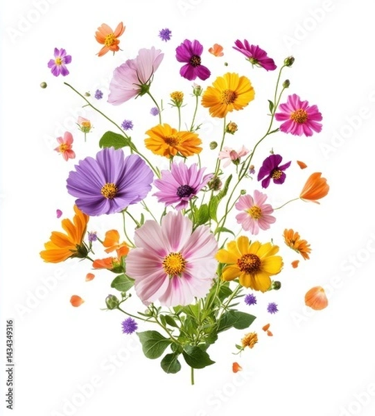 Fototapeta A vibrant bouquet of pink, purple, yellow, and orange cosmos flowers with green stems and scattered petals on a white background