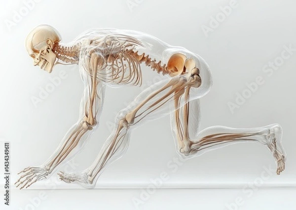 Fototapeta Translucent human skeleton in a dynamic running stance.