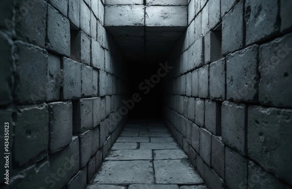 Fototapeta Dark tunnel made of concrete blocks. Perspective architecture with geometric design. Urban industrial construction concept. Dim interior, leading to darkness. Modern storage or warehouse.