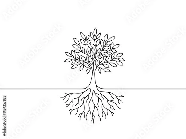 Fototapeta drawing of tree with leaves and big root. continuous one line sketch. vector illustration isolated on white background